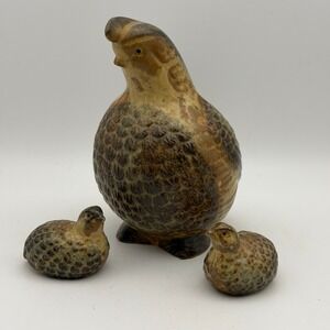 Vintage Ceramic Quail Family Figurines Set 3 Rustic Brown Speckled Bird Decor